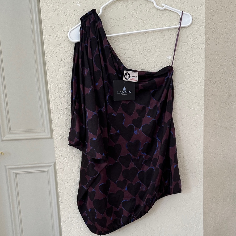 Lanvin Purple and Black Heart Print One-Shoulder Top